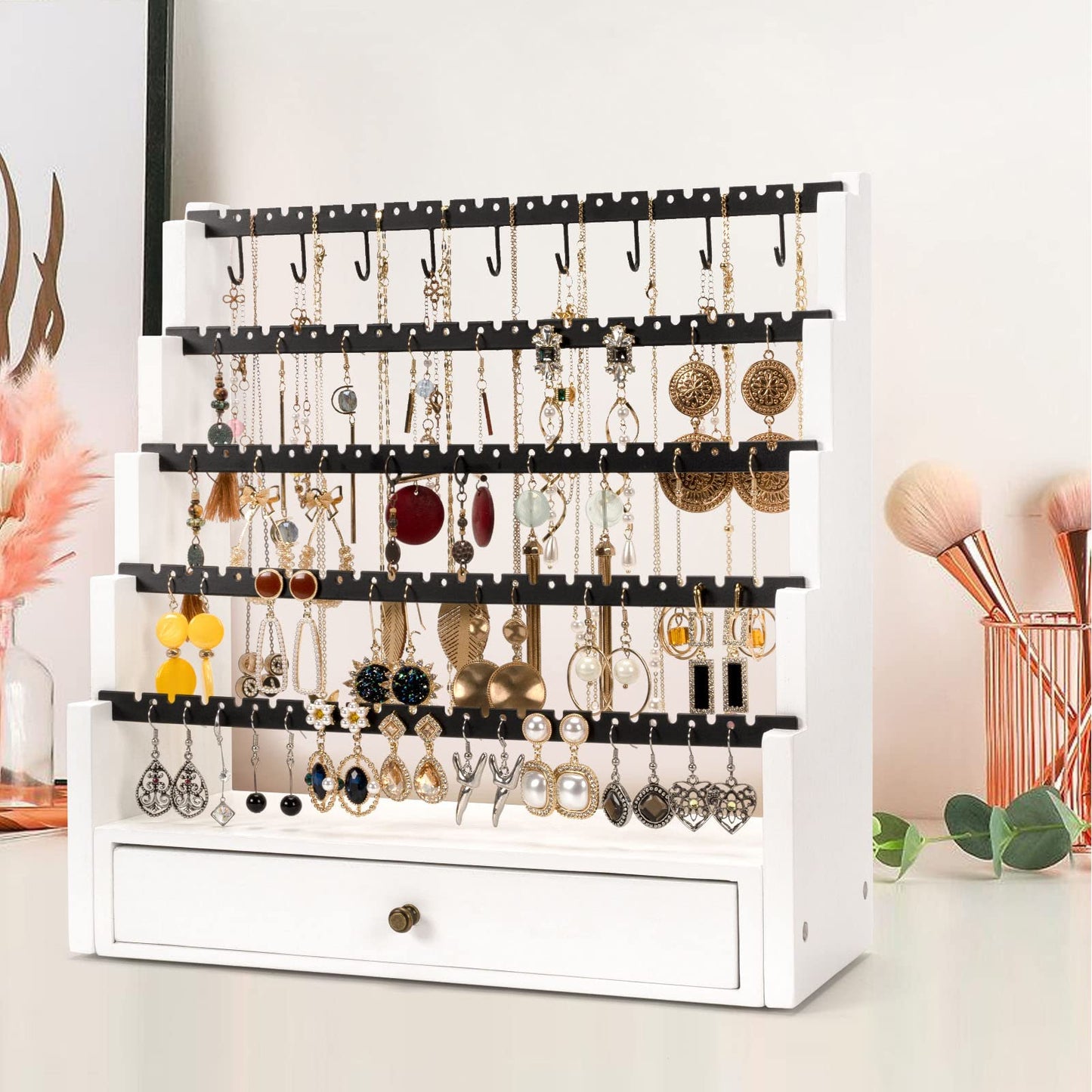 Pinzoveco Earring Organizer, 5 Layer Earring Holder Organizer with Necklace Holder Pole, Rustic Wood Jewelry Organizer Stand Display for Stud Earring Bracelet Necklace Ring, 175 Earring Holes