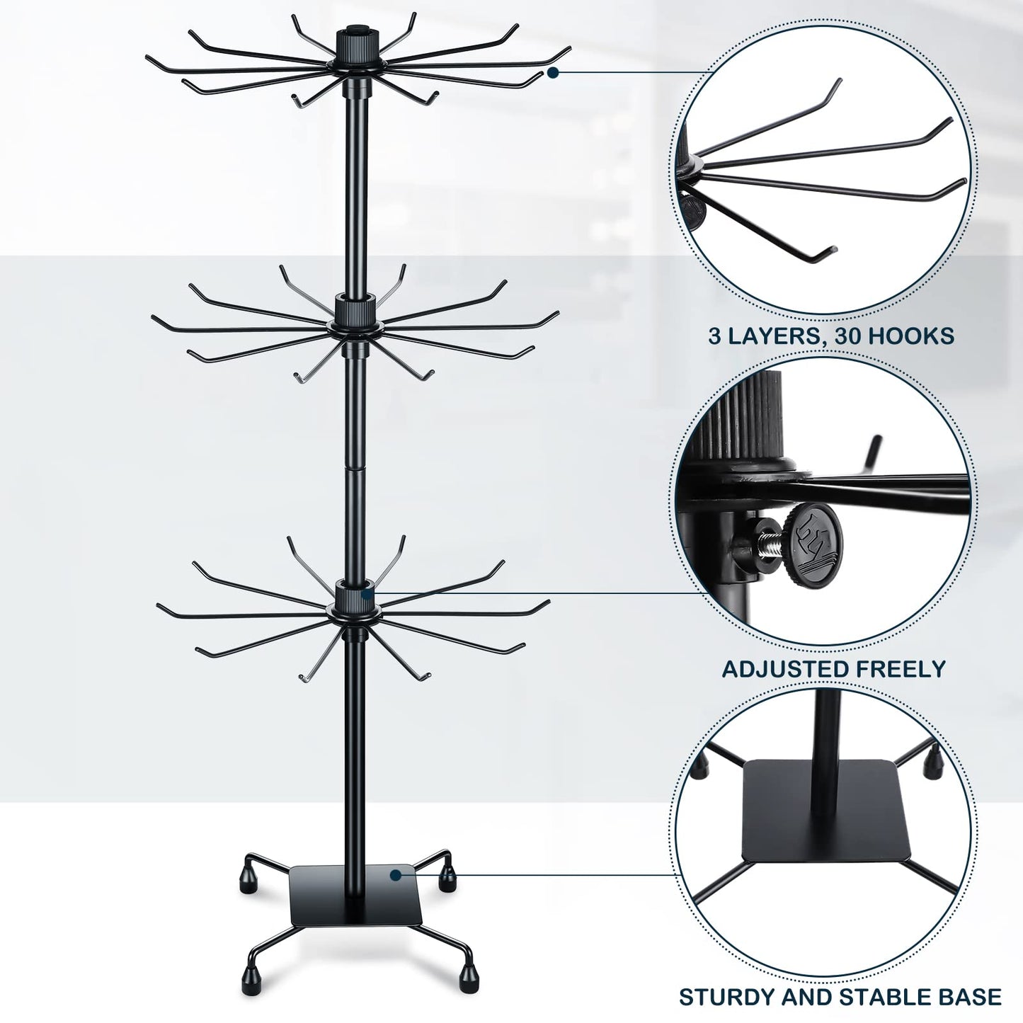 BBTO 2 Pcs Rotating Display Stand Jewelry Display Rack with Hooks Metal Earrings Stand for Vendors Necklace Bracelet Selling(Black,28.35 x 11.81 Inch)