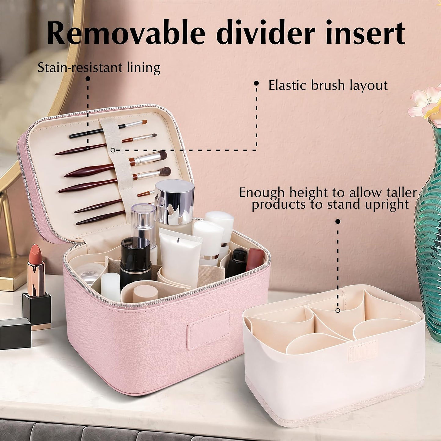 idoltimes Makeup Case,Leather Double Layer Makeup Bag Duo,Large Portable Travel Toiletry Case Cosmetic Organizer for Women