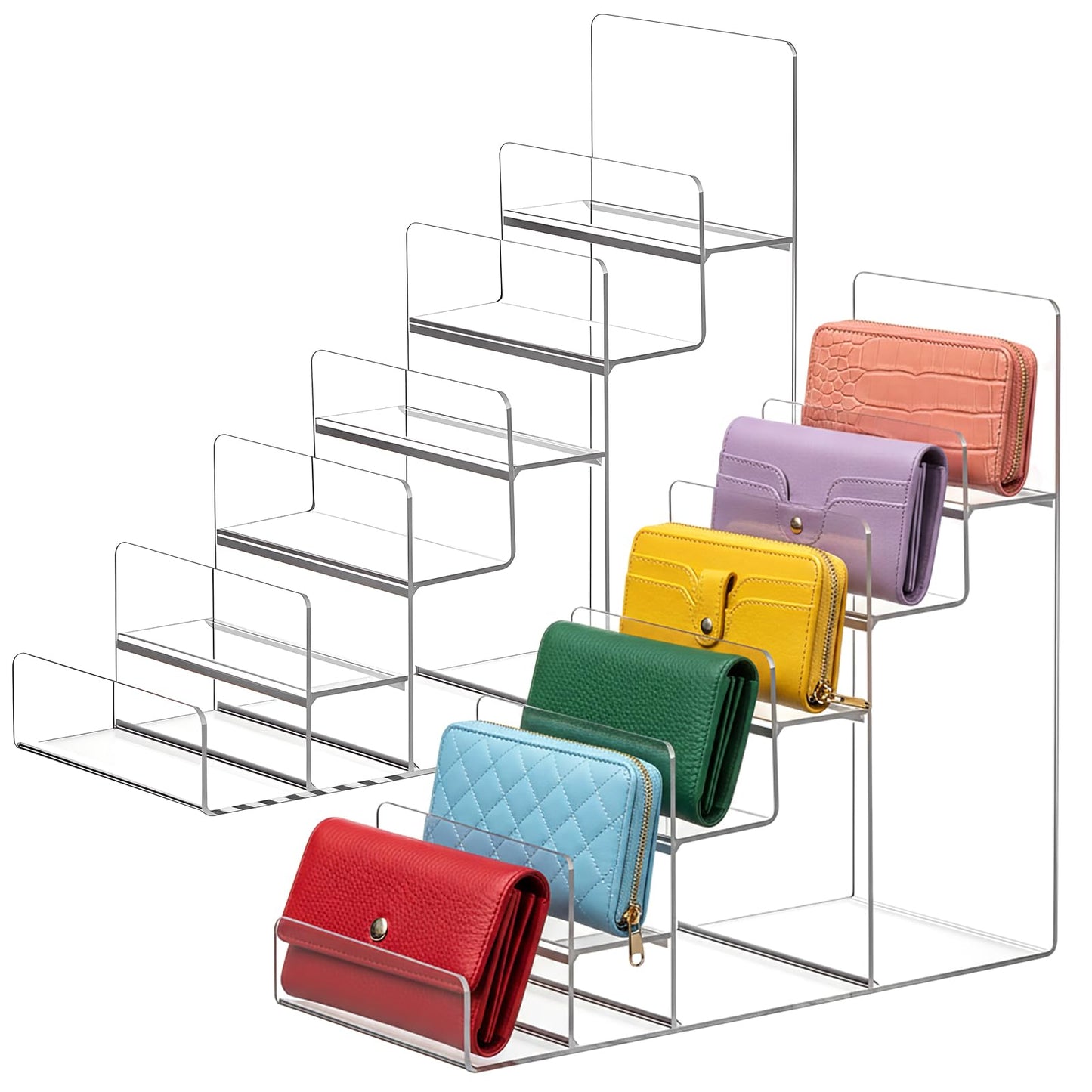 Kathfly 2 Pack 7-Tier Acrylic Wallet Display Stand Clear Purse & Handbag Organizer Riser Shelf for Perfume, Sunglasses, Cosmetics, Jewelry Vendor Display for Craft Fairs, Retail