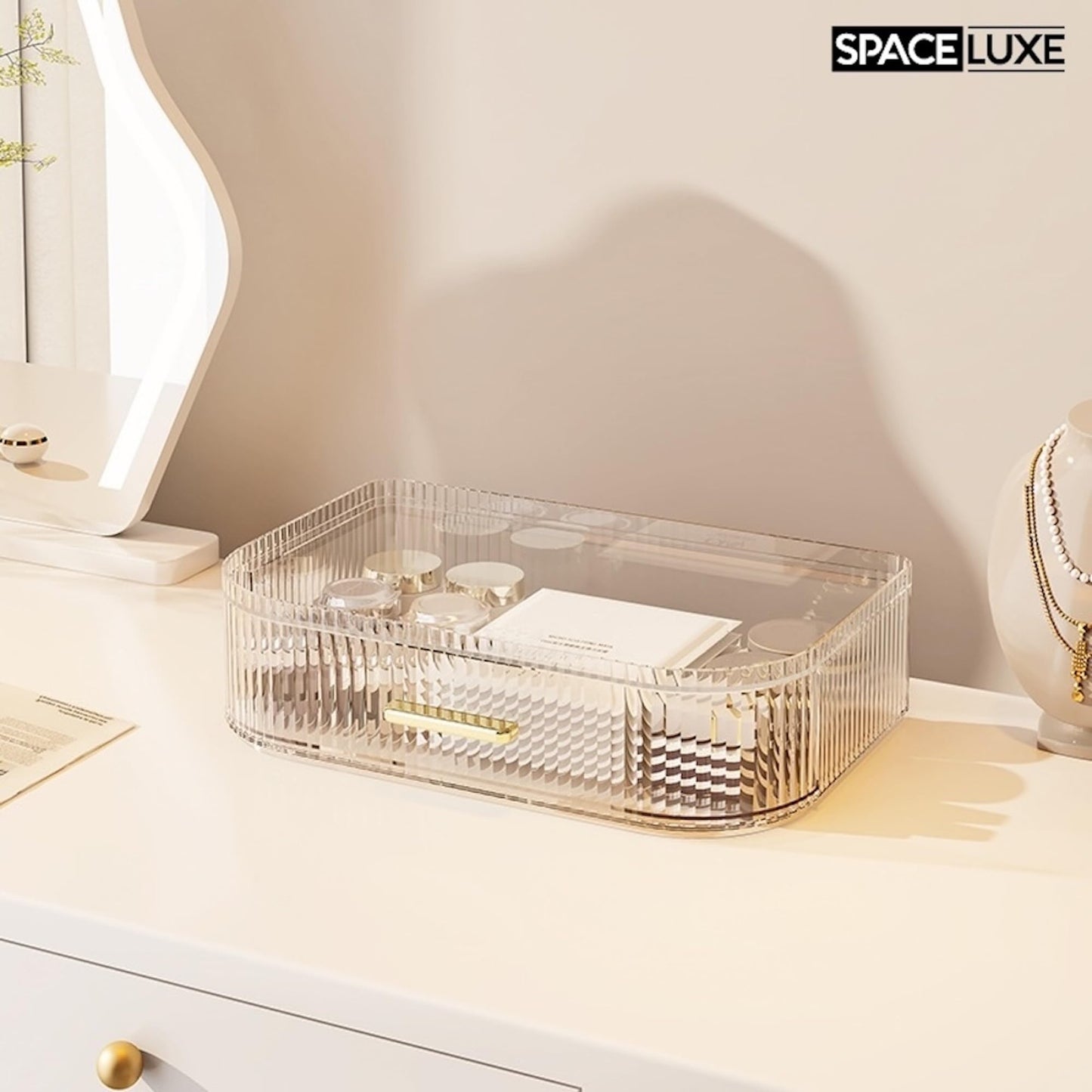 SpaceLuxe Large Makeup Organizer with Drawers, 360° Rotating Brush Holder
