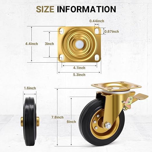 Nefish 6 Inch Outdoor Heavy Duty Caster, Large Castors Wheels Set of 4 with Brake, Durable Industrial Grade Casters 2600 LBS, 360 Degree Plate Swivel Castor Wheels for Cart, Workbench, Machine