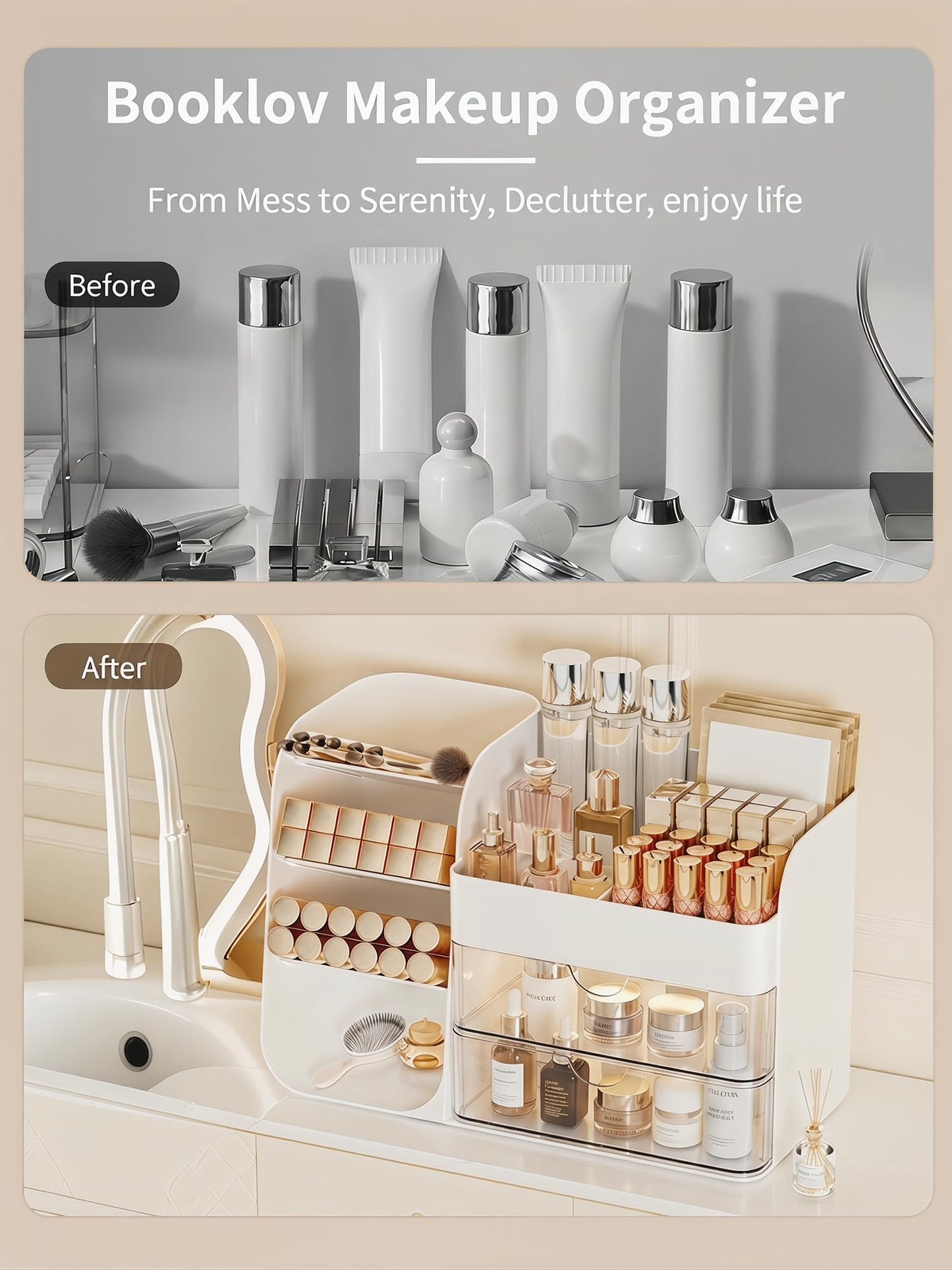 Booklov Makeup Organizer for Vanity, Countertop Cosmetic Display Case with Clear Acrylic Drawers, Bathroom Counter Beauty Caddy, Cute Table Storage Holder for Skincare, Brush Lipsticks, Crystal White