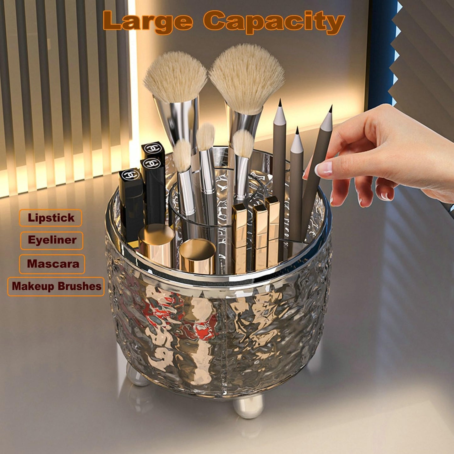 CHIRISEN 360 Rotating Makeup Brush Holder with Lid Dustproof Spinning Brush Storage for Bathroom Countertop, Cosmetic Tools Organizer with Cover for Vanity (Gray)