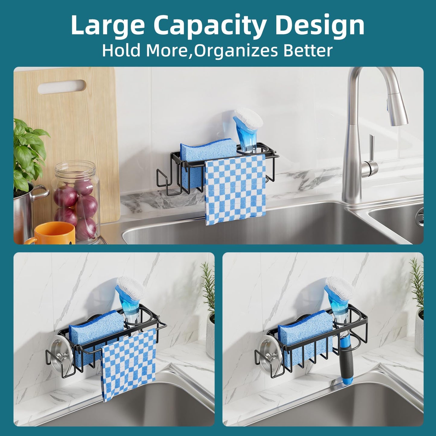 TAILI 4-in-1 Sink Caddy with Strong Suction Cup, Sponge Holder for Kitchen Sink Organizer, Removable, Rustproof, Stainless Steel Holder for Sponge, Brush, Scrubber, Scraper - Black