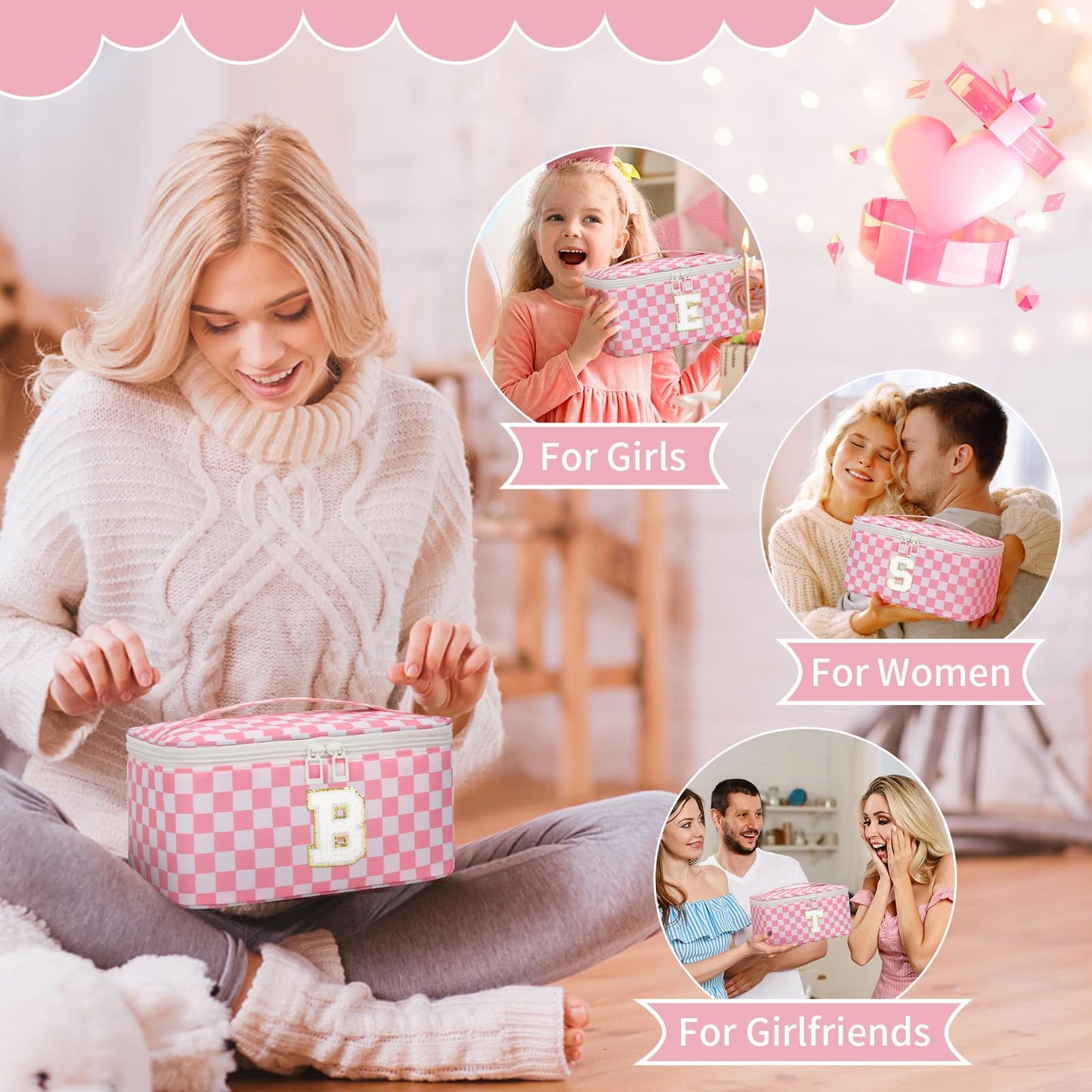 OCHEAL Makeup Bag for Women, Monogram Cosmetic Bag Pink Travel Makeup Case Beauty Toiletry Bag Organizer Personalized Gifts for Girls Bridesmaid, Sister, Wife, Friends Initial E