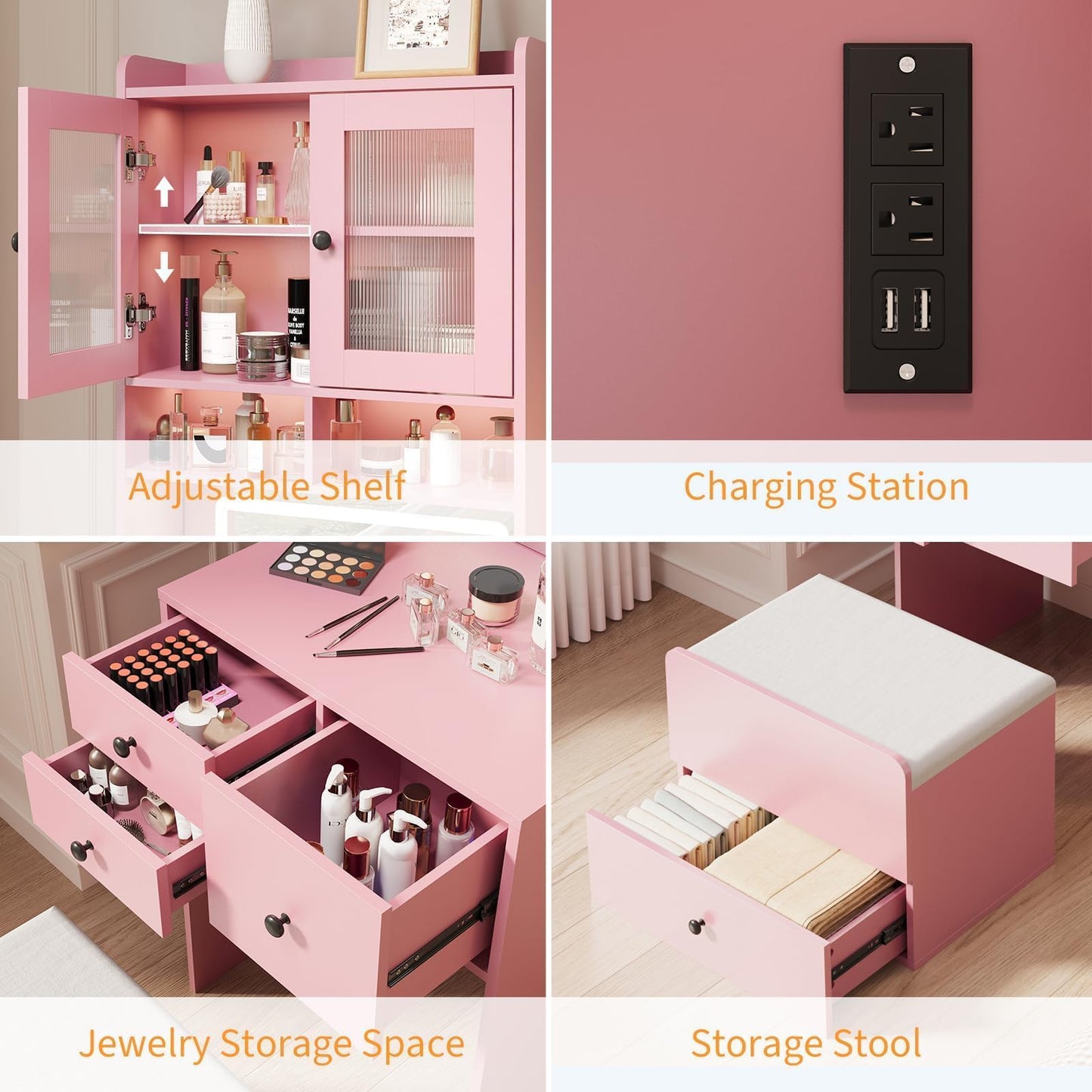 3-in-1 Make Up Vanity Desk with Mirror & Lights, Compact Vanity Table with Drawers, Storage Compartment and Rolling Stool, Modern Small Makeup Vanity and Storage Chair for Bedroom, Powder Room