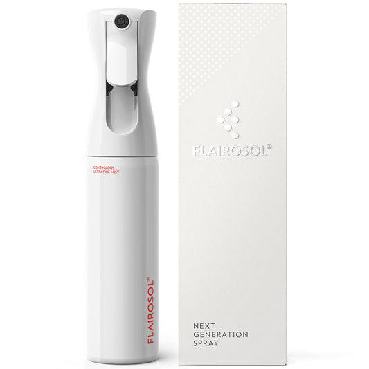 FLAIROSOL - The Original, Spray Bottle for Hair, Continuous Ultra Fine Water Mist Sprayer for Hairstyling, Barbers, Salons, Cleaning, Plants, 10.1oz/300ml (White Bottle-Coral Print)