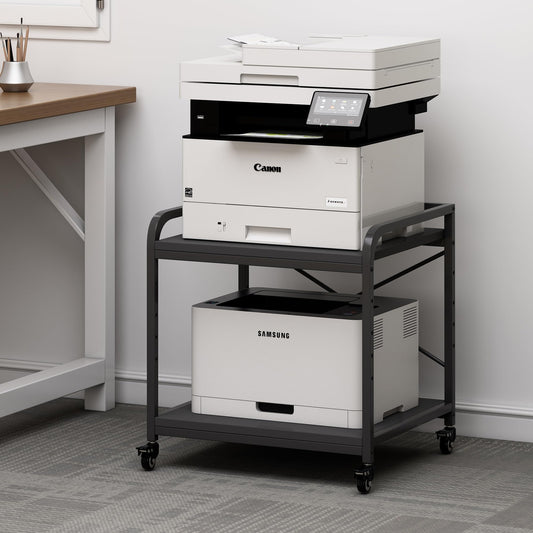 Fannova 2 Tier Under Desk Printer Stand with Storage, 20 Inches Deep Large Printer Table with Height Adjustable Shelf, Rolling Printer Cart with Wheels for Home Office - Black