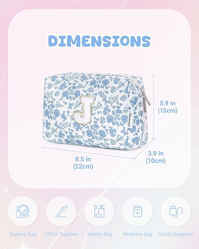 Narwey Birthday Gifts for Teen Girls Kids Women Personalized Initial Floral Makeup Bag Cute Cosmetic Trendy Stuff 6 8 10 11 12 13 14 16 18 Years Old Travel Toiletry Bag (Little Blue Flower J)