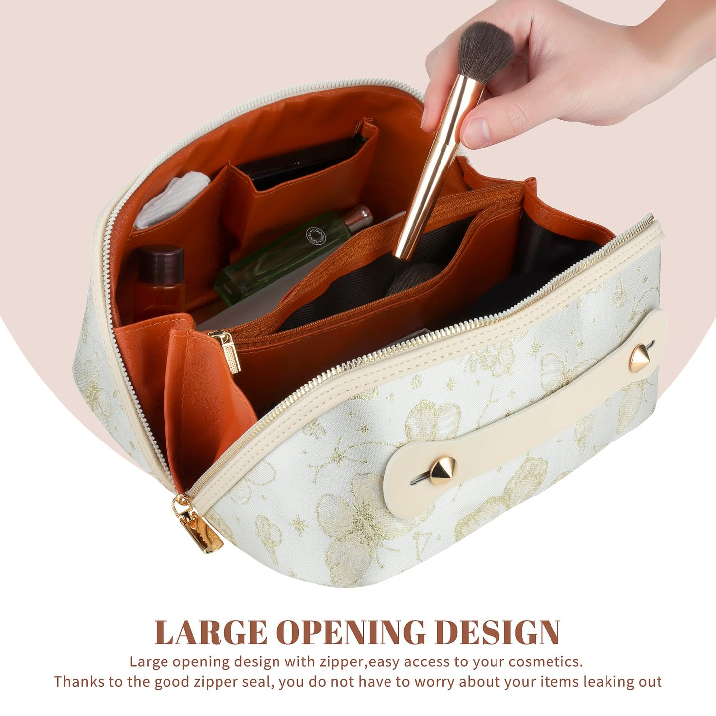 KEYPOWER Large Capacity Cosmetic Bag with Butterfly Pattern Travel Makeup Bag Portable Toiletry Bag with Handle for Women (White)