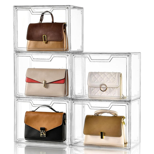 Purse Organizer for Closet,Clear Acrylic Display Case for Handbag Organizer, Purse Storage Box with Magnetic Door, Plastic Storage Bins for Book, Collectibles, Cosmetic (5 Pack)