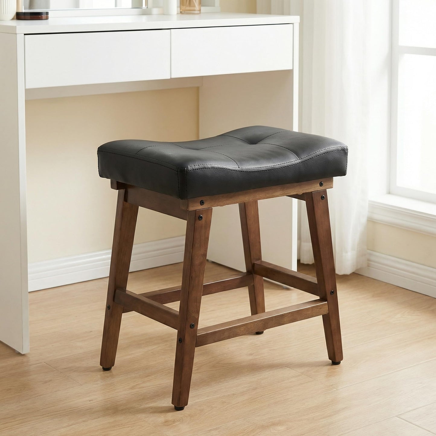FLYZC Saddle Seat Vanity Stool with Wood Legs, Makeup Stool Chairs, U-Shaped Ottoman Foot Rest Stools, Modern Makeup Bench, Small PU Leather Square Chair Under Desk for Vanity, Living Room Black