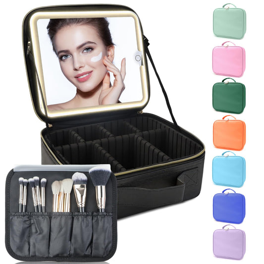 SUILU Makeup Bag with Led Mirror,with 3 Color Setting,Portable Storage and Adjustable Dividers Travel Makeup Bag, for Women and Makeup Artists Large Vanity Makeup Cases-Black