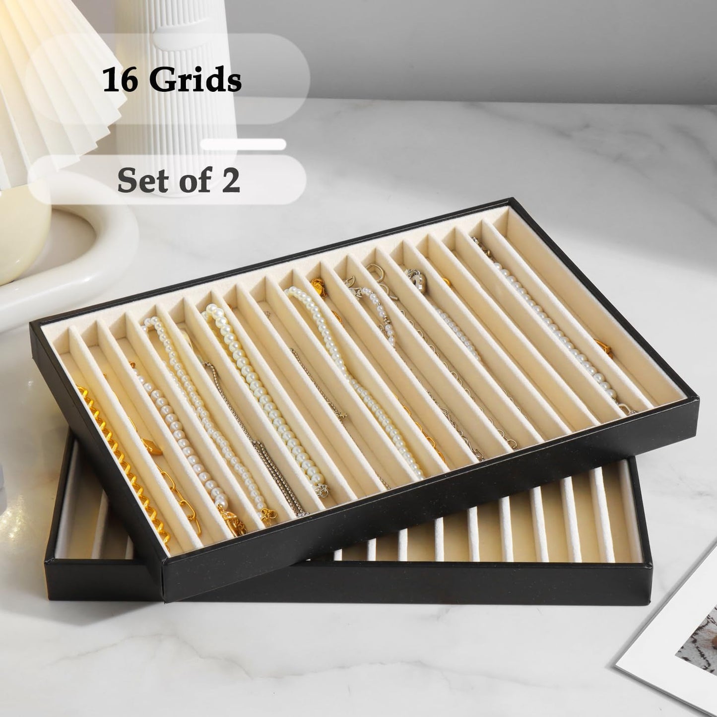 KATISYIO Large Jewelry Organizer Tray 2 Pack, Stackable Jewelry Storage Holder for Drawer Inserts, PU Leather Velvet Jewellery Display Case for Earring Bracelet Necklace Ring (Black Beige, 16 Grids)
