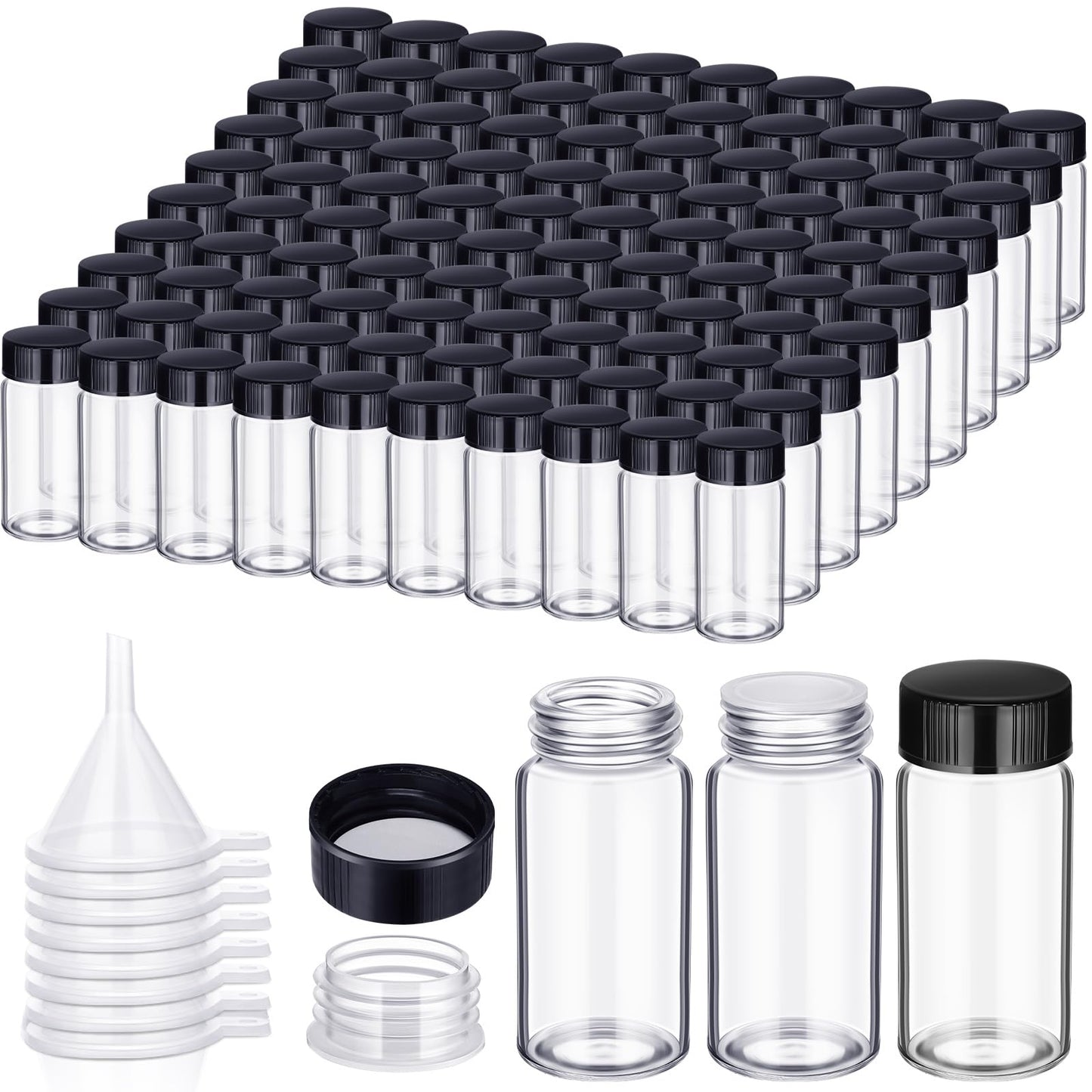 Ziliny 110 Pack 20 ml Glass Vials Clear Small Empty Glass Sample Bottles with Screw Cap Plastic Stoppers, Shims and Plastic Mini Funnels, Sample Leakproof Small Vials Storage Container (20ml)