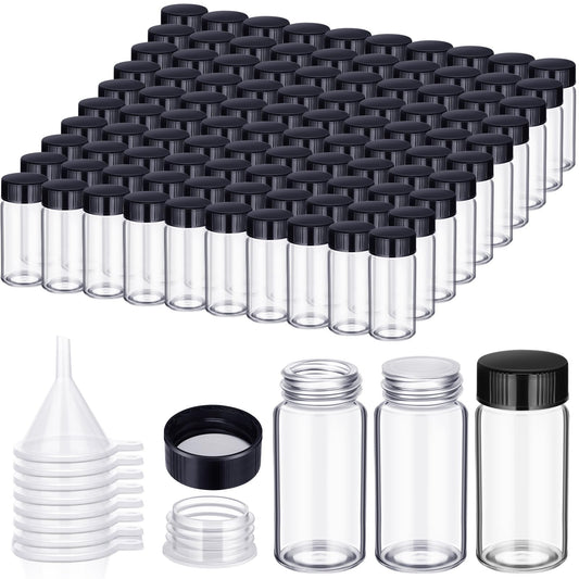 Ziliny 110 Pack 20 ml Glass Vials Clear Small Empty Glass Sample Bottles with Screw Cap Plastic Stoppers, Shims and Plastic Mini Funnels, Sample Leakproof Small Vials Storage Container (20ml)