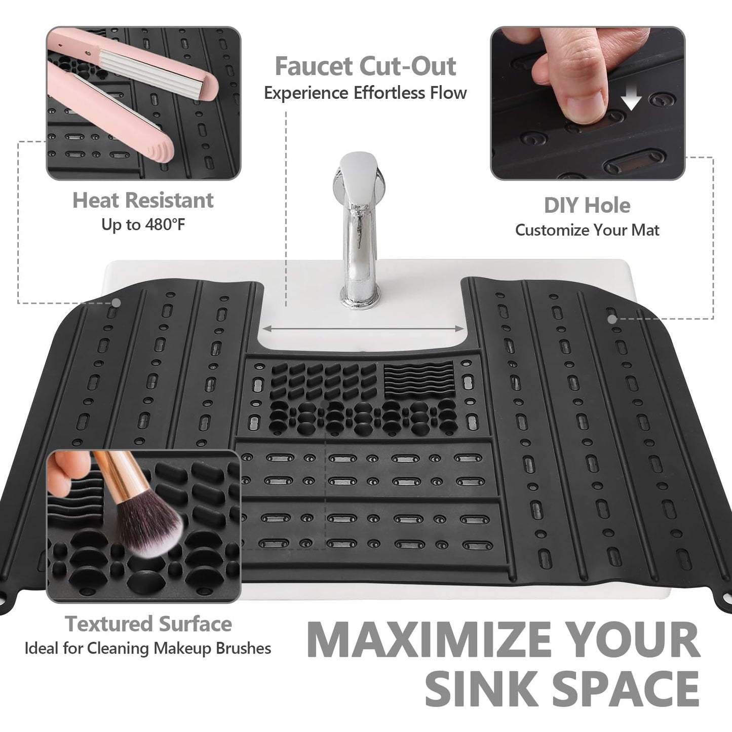 Johamoo Bathroom Sink Cover for Counter Space, Foldable Sink Mat, Silicone Makeup Brush Cleaning Mat Tools Organizer Space Saver, Small Bathroom & RV Camper Travel Must Haves Accessories, Black