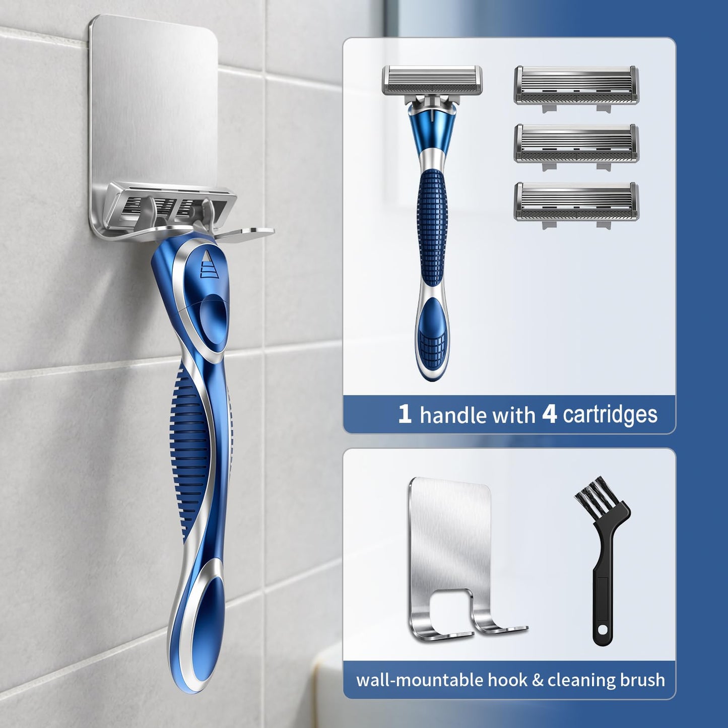 FYNEDGE 6-Blade Razor Refill Cartridges 4 Count, Professional Razor Blades for Men with Lubricating Strip, Wall Hook & Cleaning Brush Included for Smooth Shaving with Matching Handle