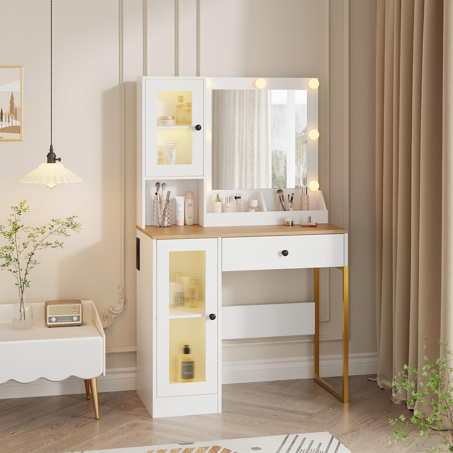 Garvee Makeup Vanity Desk with Mirror & RGB Lights - Charging Station Included - 2 Acrylic-Door Cabinets & 2 Storage Compartments - Modern Bedroom Dressing Table