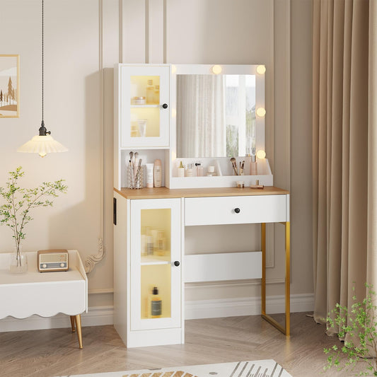 Garvee Makeup Vanity Desk with Mirror & RGB Lights - Charging Station Included - 2 Acrylic-Door Cabinets & 2 Storage Compartments - Modern Bedroom Dressing Table