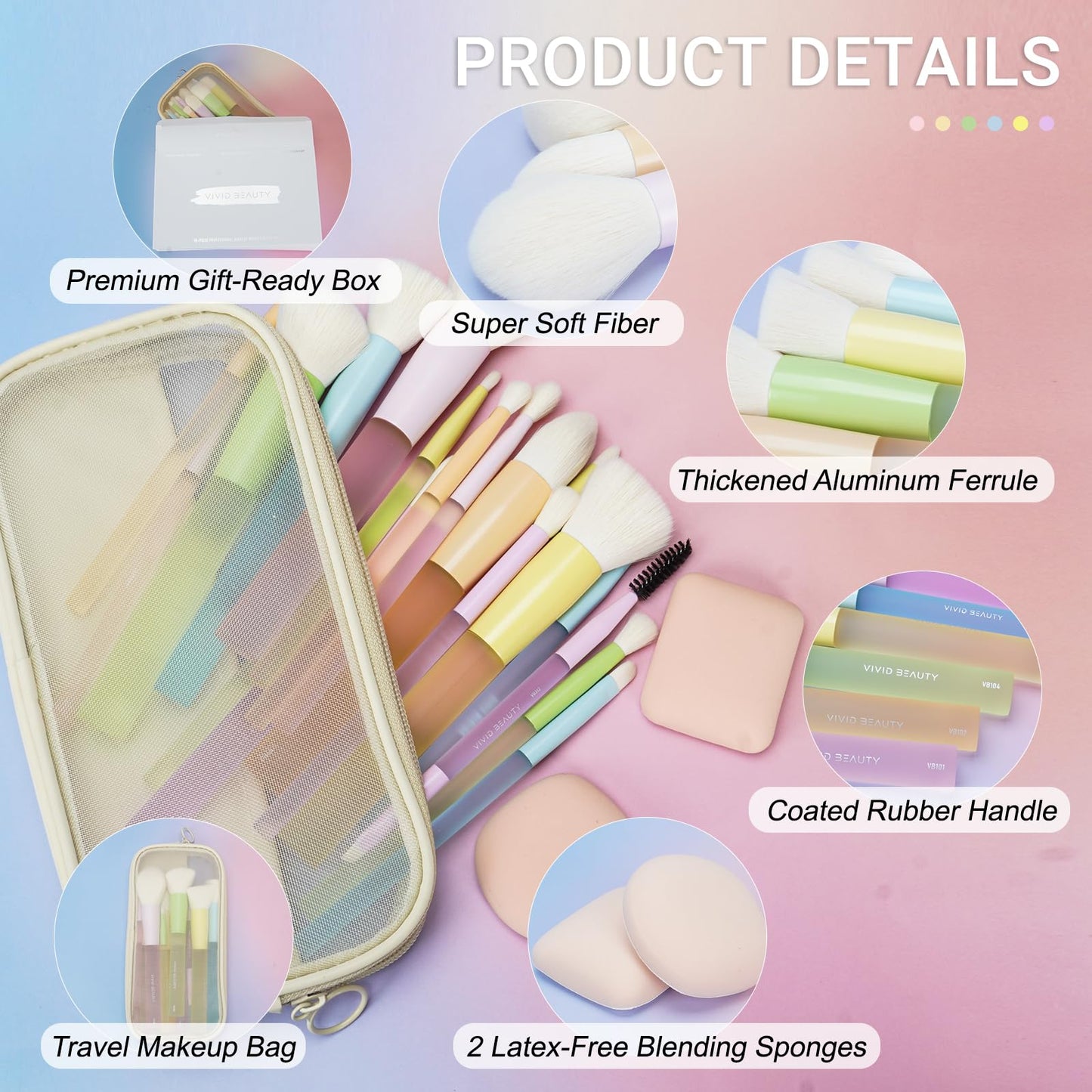 VIVID BEAUTY Makeup Brush Set, 18 Pcs Makeup Brushes with 2 Sponges & Travel Bag, Colorful Make up Brushes for Foundation Powder Blush Blending Eyeshadow, Face & Eye Brush Kit for Beginner