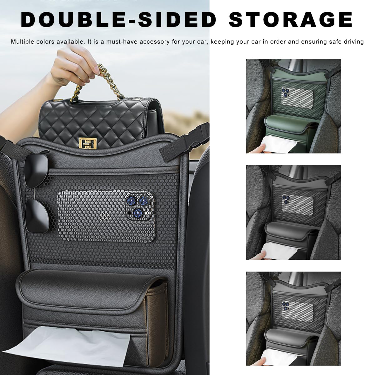 MTRPS Car Purse Holder Between Seats, Nappa Leather Front Seat Storage Bag with Tissue Holder, Large Capacity Automotive Console Organizer for Document Phone Wallet, Car Accessories (Gray)