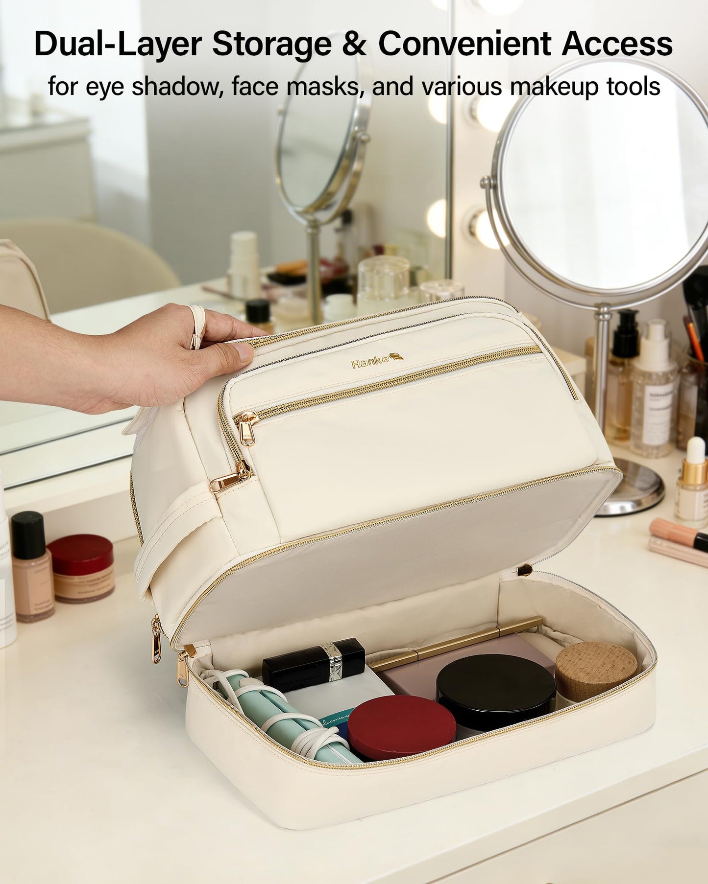 Hanke Travel Toiletry Bag, Lightweight Wide-open Makeup Bag, Dual-Layer Travel Bag for Toiletries Water-Resistant Cosmetic Bags Large Toiletry Bags for Women & Men, Travel Essentials, Off White