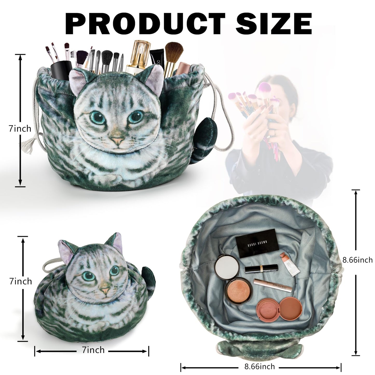 Openhahaha 2-Pack(Black Cat and Grey Tabby Cat),Drawstring Makeup Bag,Cat Makeup Bag Cat Gift for Women, Lay Flat Makeup Bag Gifts for Cat Lovers