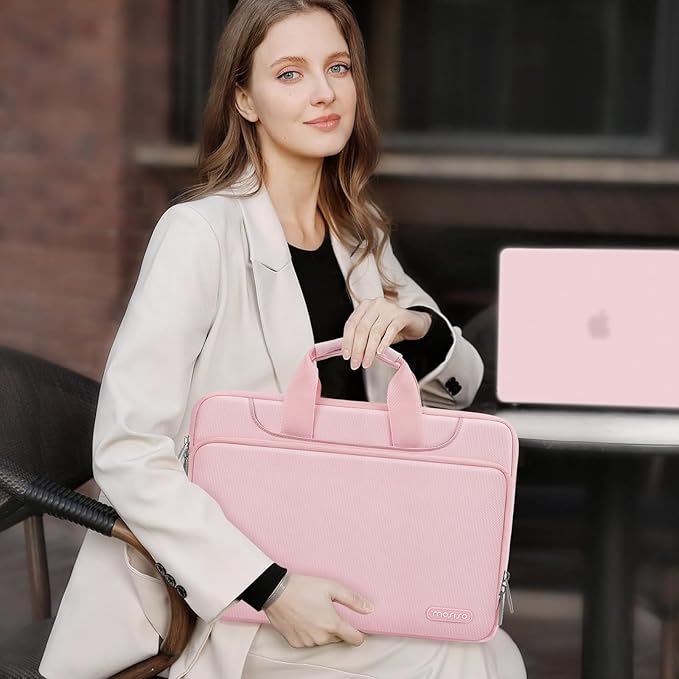 MOSISO 360 Protective Laptop Shoulder Bag Compatible with MacBook Air/Pro, 13-13.3 inch Notebook, Compatible with MacBook Pro 14 inch M5 M4 M3 M2 M1,Matching Color Sleeve with Belt, Pink
