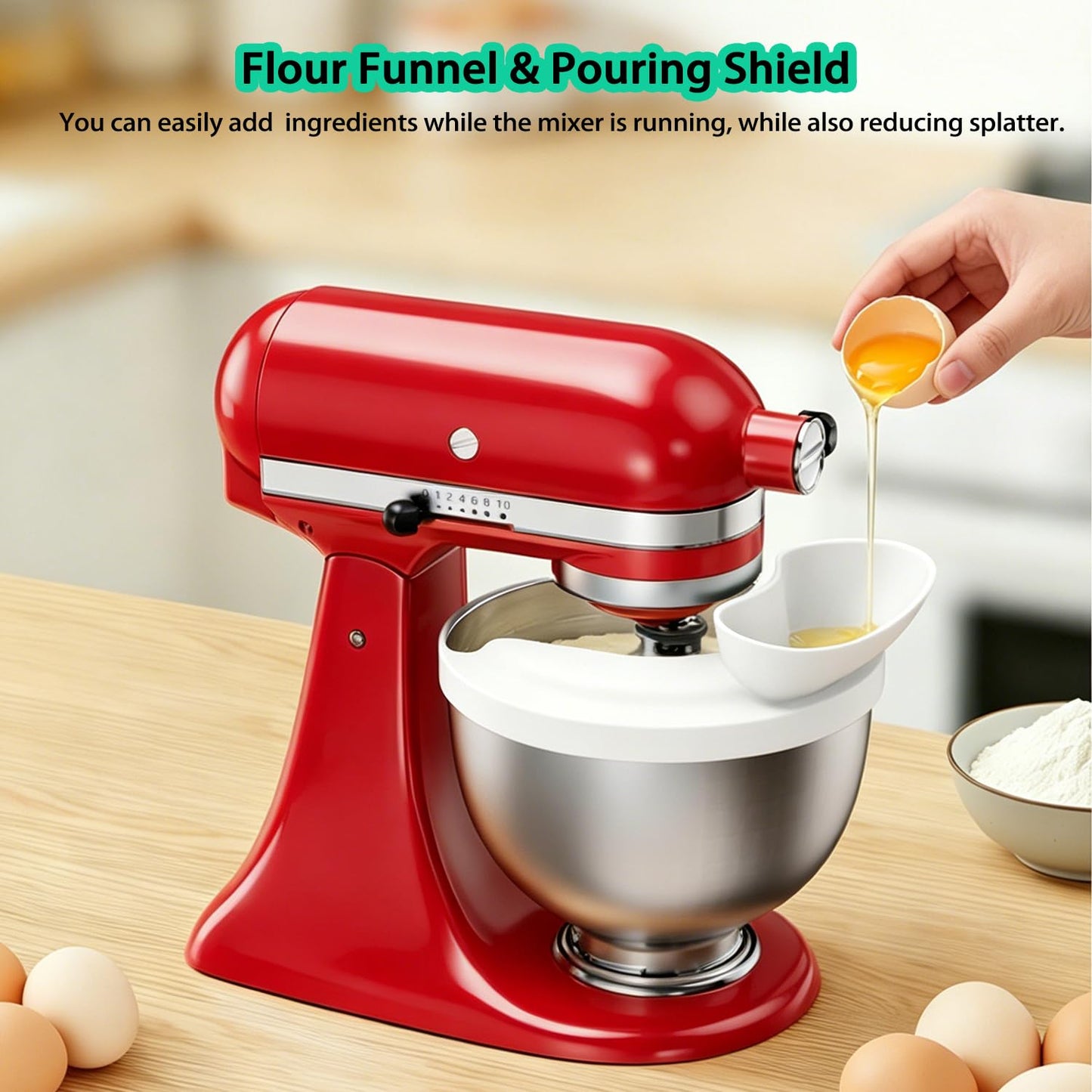 Flour Funnel with Pouring Shield for KitchenAid 4.5-6QT Mixer, Silicone Splash Guard with Flour Funnel for Kitchen Aid Mixer Tilt-Head and Bowl-Lift, Dishwasher Safe Baking Tool (White)
