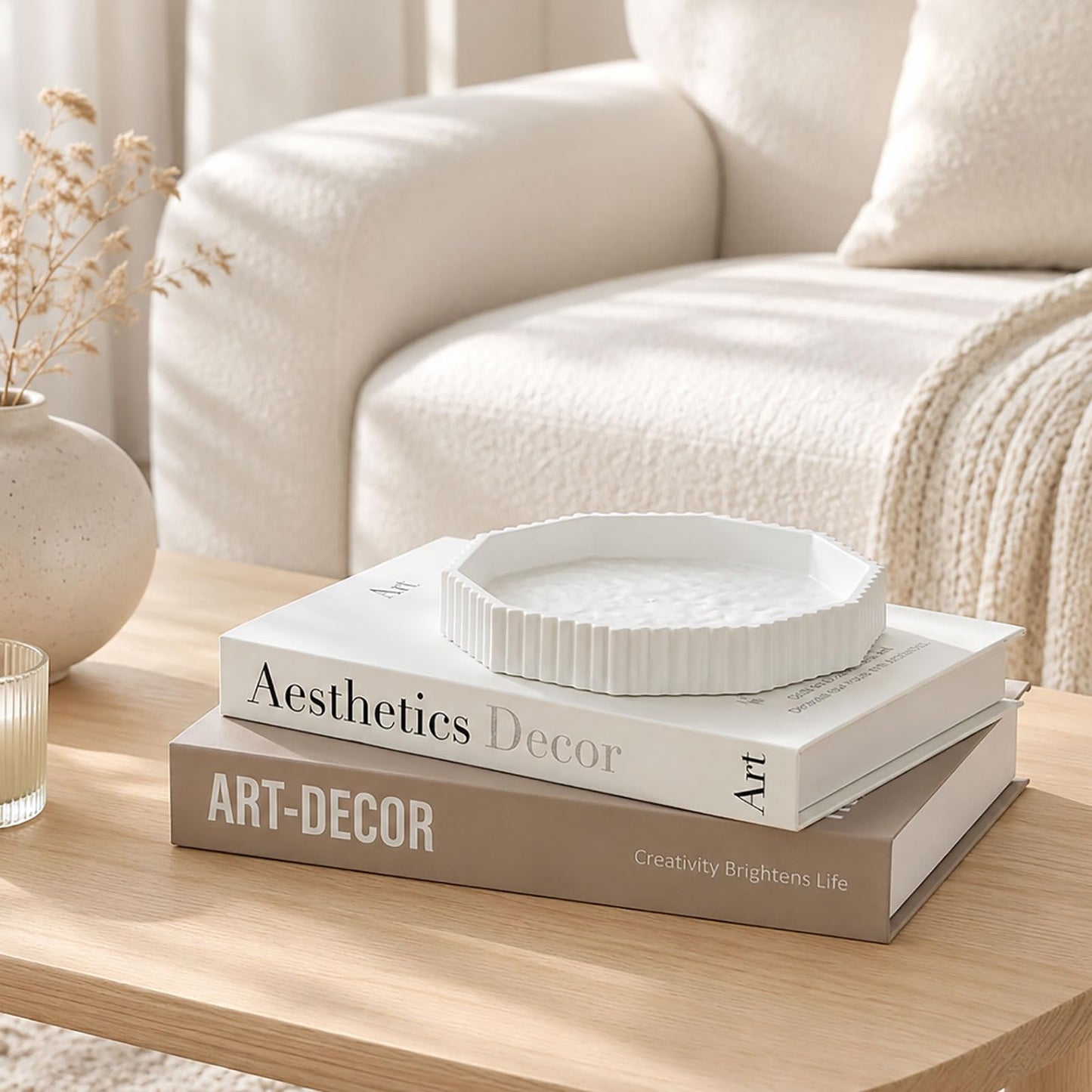 Decorative Concrete Tray & Linen Faux Book Box Set, Scalloped Coffee Table Tray with Hidden Storage, Beige Modern Home Decor for Bookshelf, Entryway, Vanity, Living Room & Housewarming Gift