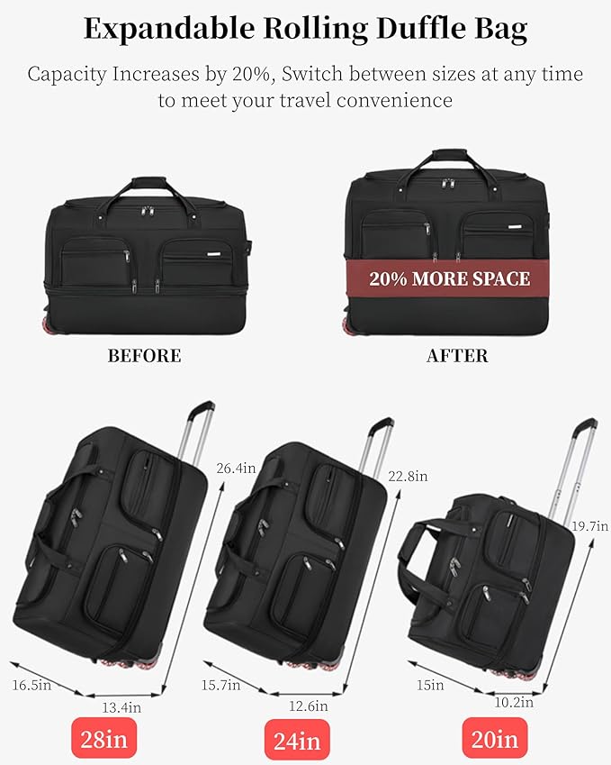 Expandable Rolling Duffle Bag with Wheels, 20" Foldable Carry On Luggage Suitcases, Water-Resistant Travel Duffle Bag Carry On Suitcase Weekend Bag for Women Men