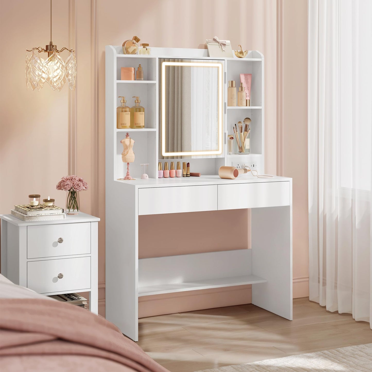 VASAGLE KAILYN Collection - Vanity Desk with Power Outlets, Makeup Vanity with Mirror and Lights, Upholstered Vanity Stool, 6 Compartments, 2 Drawers, for Bedroom, Cloud White URDT031WB02S