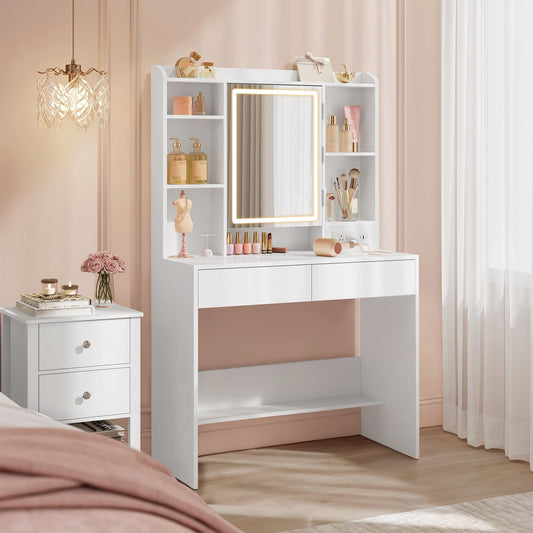 VASAGLE KAILYN Collection - Vanity Desk with Power Outlets, Makeup Vanity with Mirror and Lights, Upholstered Vanity Stool, 6 Compartments, 2 Drawers, for Bedroom, Cloud White URDT031WB02S