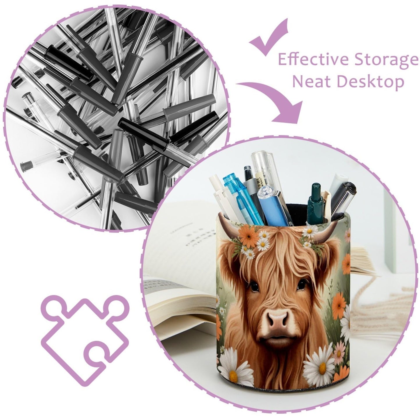 BDFFGOIRTJ Leather Pen Holder for Desk, Highland Cow Daisies Pencil Organizer Makeup Brush Cup Holders Pen Storage for Office Home