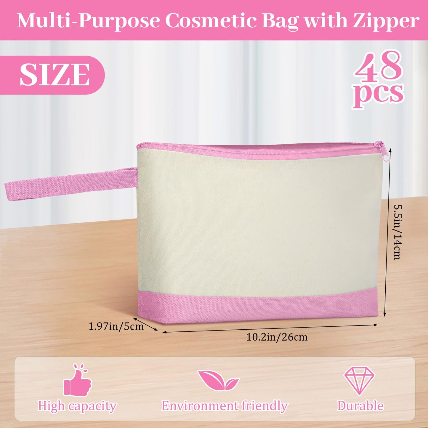 Silkfly 48 Pcs Cotton Canvas Makeup Bags Cosmetic Zipper Bags 10.2 x 5.5 x 2'' Blank DIY Pouch Bulk Pencil Case with Bottom Travel Toiletry Pouch for Women Craft Decor Gift (Beige and Pink)
