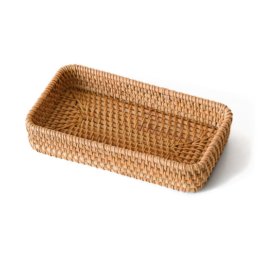 Small Rattan Serving Tray, Natural Wicker Decorative Tray Handwoven for Keys Trinkets Rings Cosmetics, Decorative Jewelry Perfume Tray for Coffee Table Entryway Living Room(8.2" × 4.3")