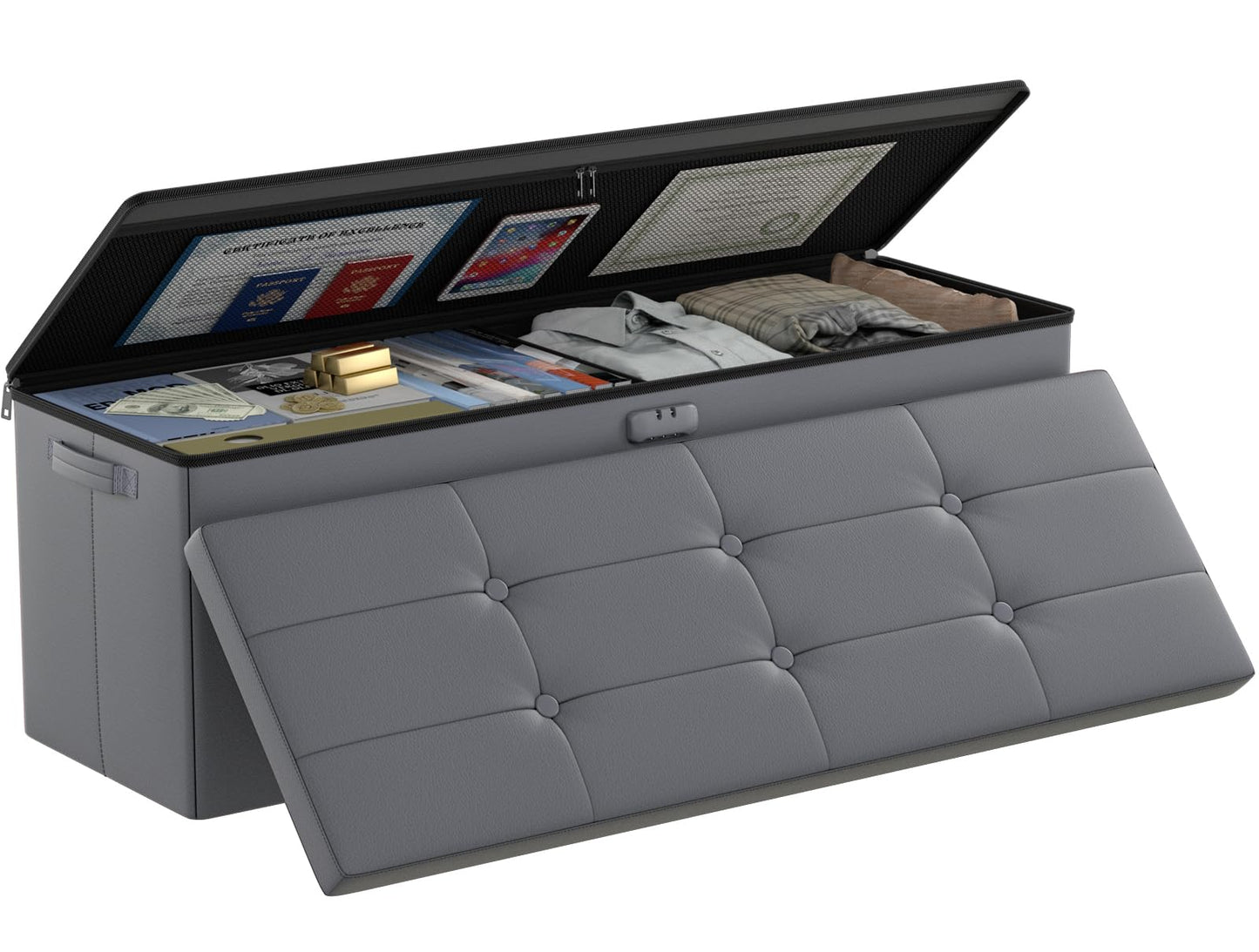 DocSafe Storage Ottoman Bench, Fireproof＆Waterproof Folding Bench with Lock(15”x 43”x15”), Leather Storage Chest with Handles＆2 Extra Boxes, Ottoman Safe for Bedroom,Living Room,Home Office, Gray