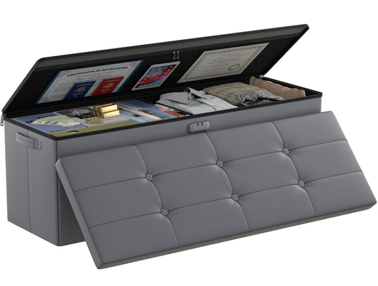 DocSafe Storage Ottoman Bench, Fireproof＆Waterproof Folding Bench with Lock(15”x 43”x15”), Leather Storage Chest with Handles＆2 Extra Boxes, Ottoman Safe for Bedroom,Living Room,Home Office, Gray