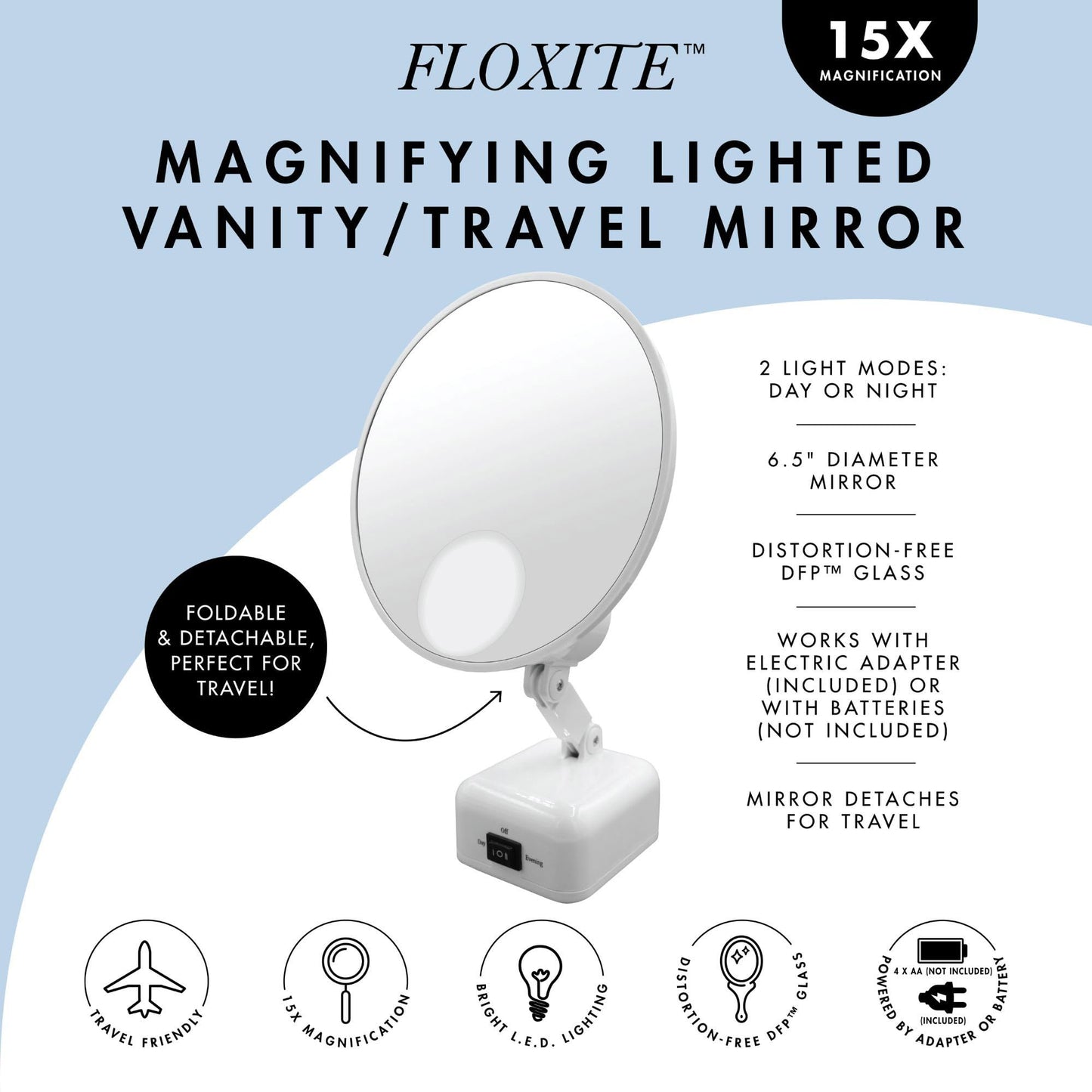 Floxite FL-615-2 15X magnifying mirror with light, Lighted travel makeup mirror with light and magnification, Round, LED, Tabletop, Portable vanity mirror for desk bathroom, electric plug in, personal