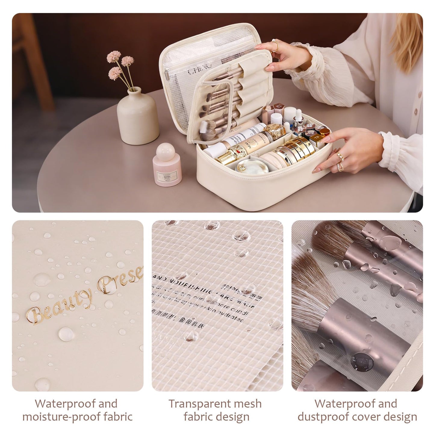 Premium Makeup Bag for Women - Large Capacity Travel Cosmetic Bag Organizer with Multiple Compartments, Water-Resistant Toiletry Bag for Daily Use & Vacation, Stylish Cosmetic Storage Pouch (White)