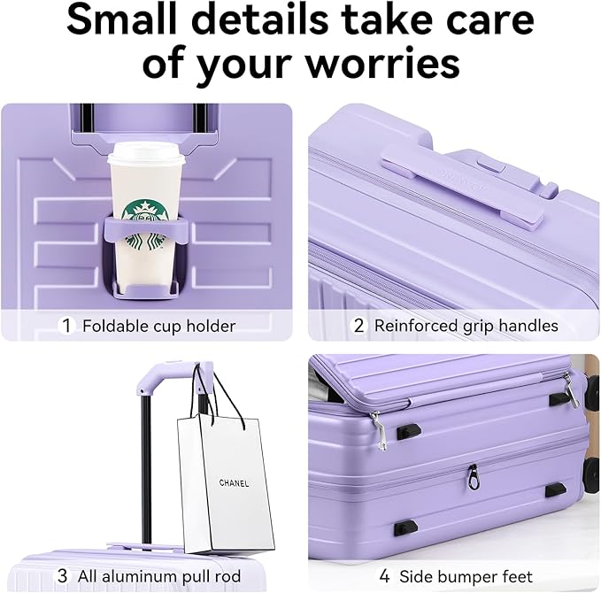 ROAMING 20 Inch Carry On Luggage Expandable Front Opening Rolling Vacation Suitcase with Spinner Wheels and TSA Lock Cup Holder PC Hard Shell Travel Trolley Case for Shout Business Trips purple