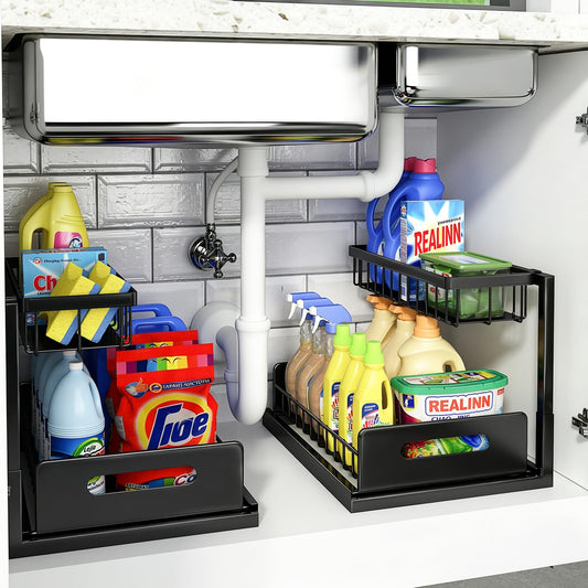 REALINN Under Sink Organizer, L-Shaped 2 Tier Pull Out Cabinet Organizer for Kitchen and Bathroom, Slide Out Under Cabinet Storage, Metal Under Sink Storage with Sliding Drawer, 50 lbs, Black 2 Pack