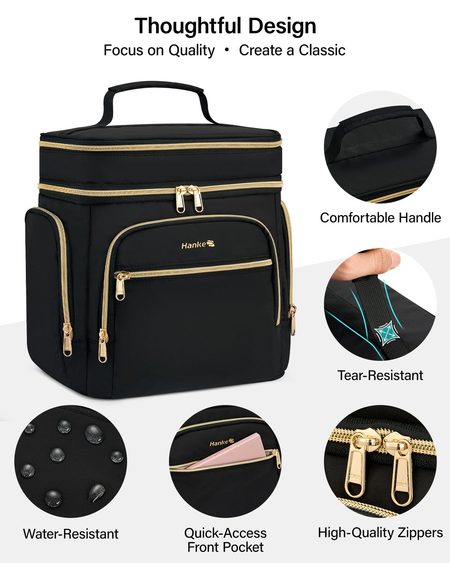 Hanke Large Toiletry Bag for Women Travel, Double Layer Organizer with Wide Opening for Full-Size Cosmetics & Toiletries, 12.2L Water-Resistant Makeup Bag,Black