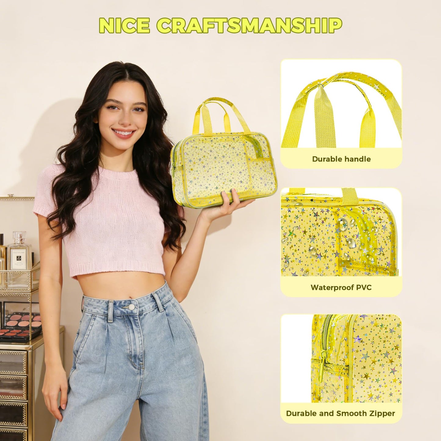 Junesters Clear Yellow Star Large Makeup Bag with Star Pattern 12x5x8 inch, Travel Cosmetic Bag with Handle, Durable PVC Material Washbag Zipper Opening Design for Makeup Travel Organizer or Gym Use