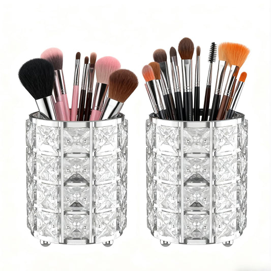 LUGUNU Makeup Brush Holder with Silver Crystal Bling – Elegant Vanity Organizer for Brushes, Pens & Pencils, Ideal for Bathroom or Office Countertop(2Pack)