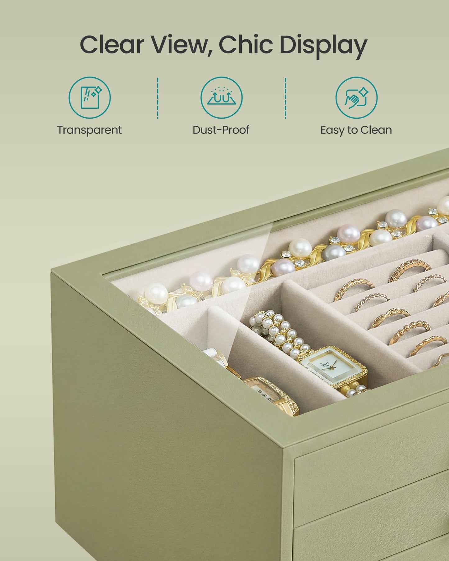 SONGMICS 3-Layer Jewelry Box with Glass Window, Jewelry Storage Organizer with 3 Drawers, Golden Handles, for Rings, Earrings, Bracelets, Gift Idea, Sage Green, 6.3 x 9.4 x 4.9 Inches UJBC206CE01S