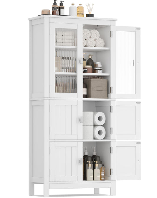 Akxomel 53.1" H Tall Bathroom Storage Cabinet, Bathroom Floor Cabinet with 6 Doors and Adjustable Shlef, Linen Cabinet, Pantry Cabinet for Living Room, Kitchen, Entryway, White