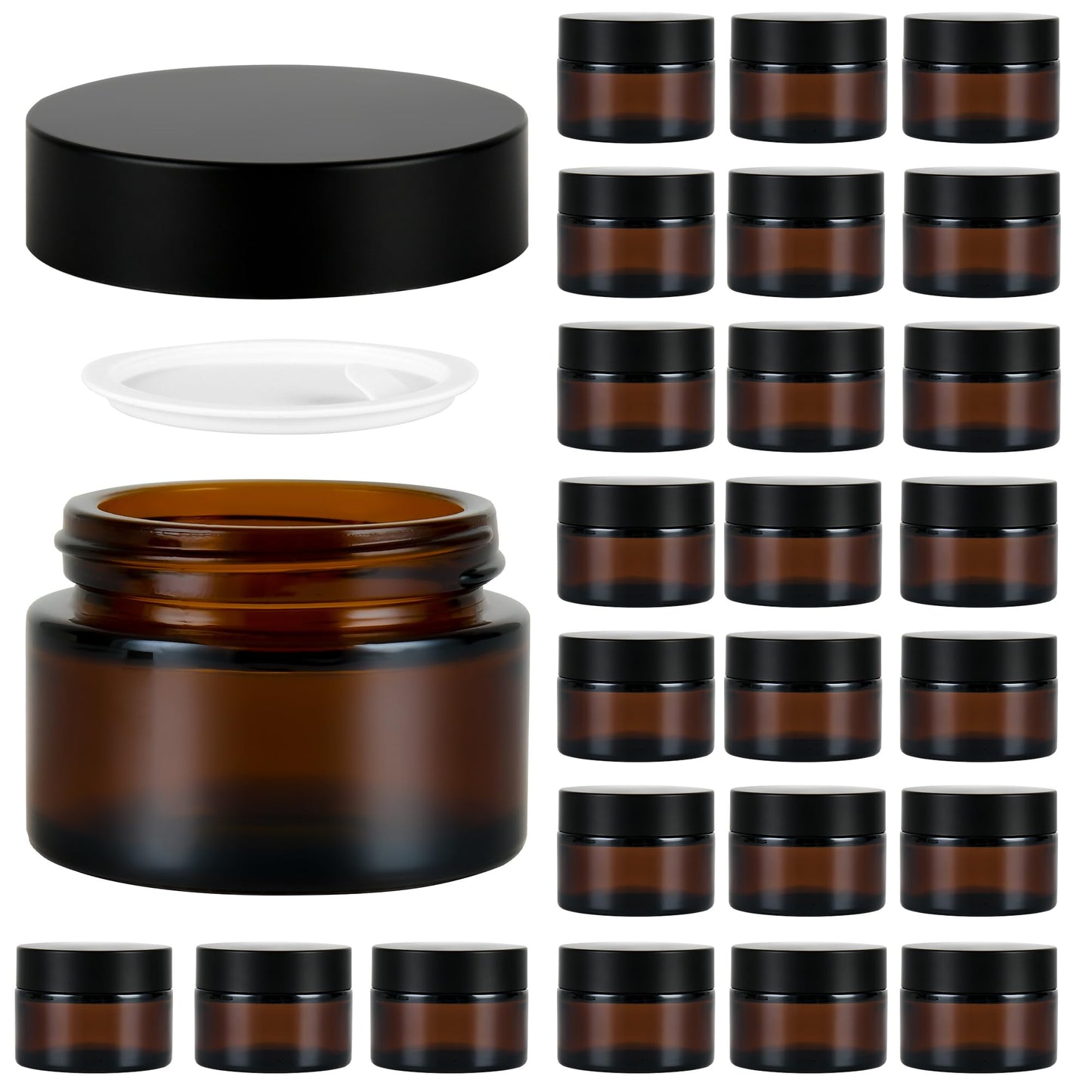 YONKAN 2 oz Reusable Amber Glass Container Jars 24 Pack with Wide-mouth Leak Proof Cap and Inner Pull-On Lid for Travel Storage Makeup, Face Creams, Body Lotions, DIY Crafts or Others